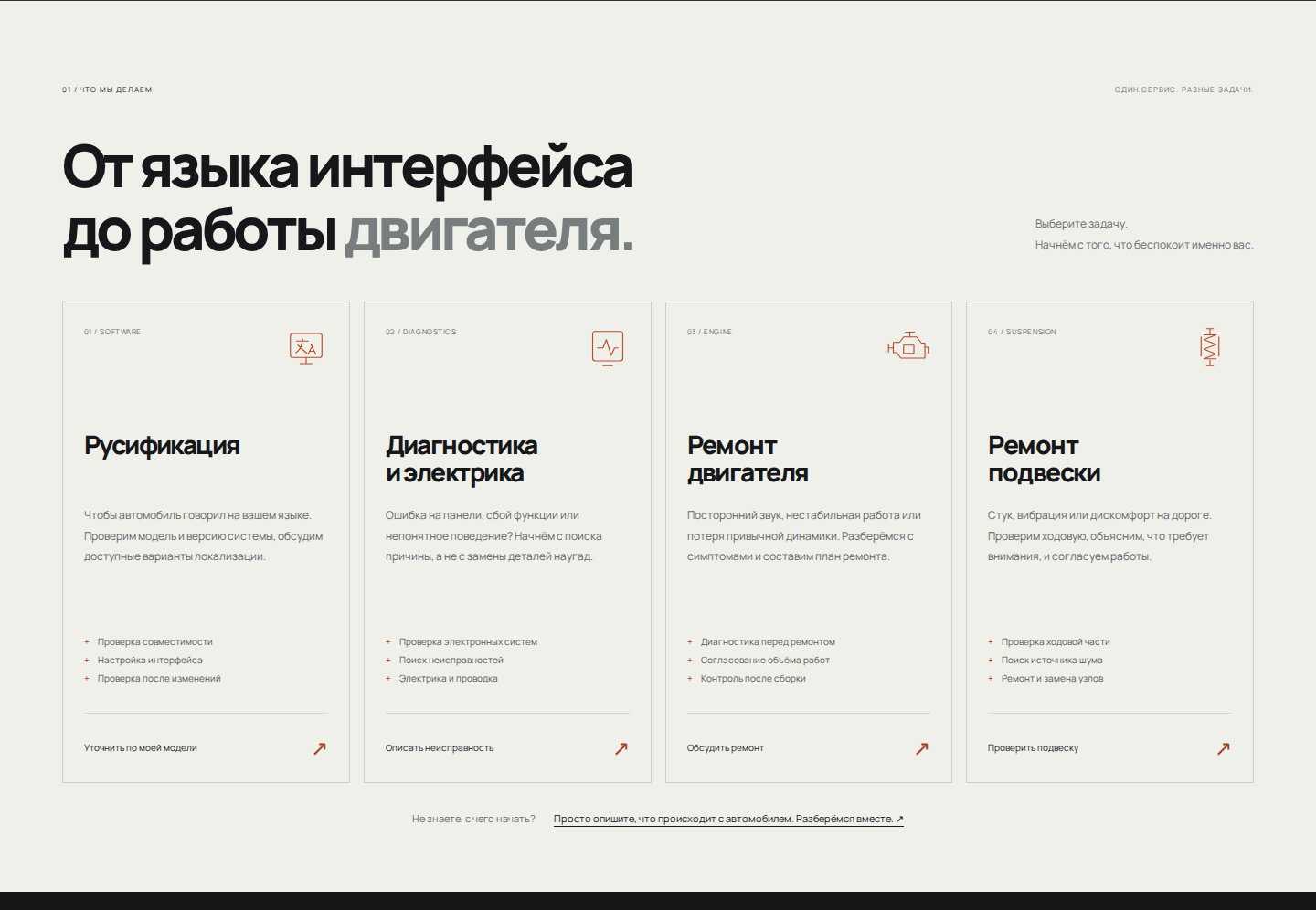 Четыре направления работ: посетителю не нужно искать свою задачу в длинном перечне.